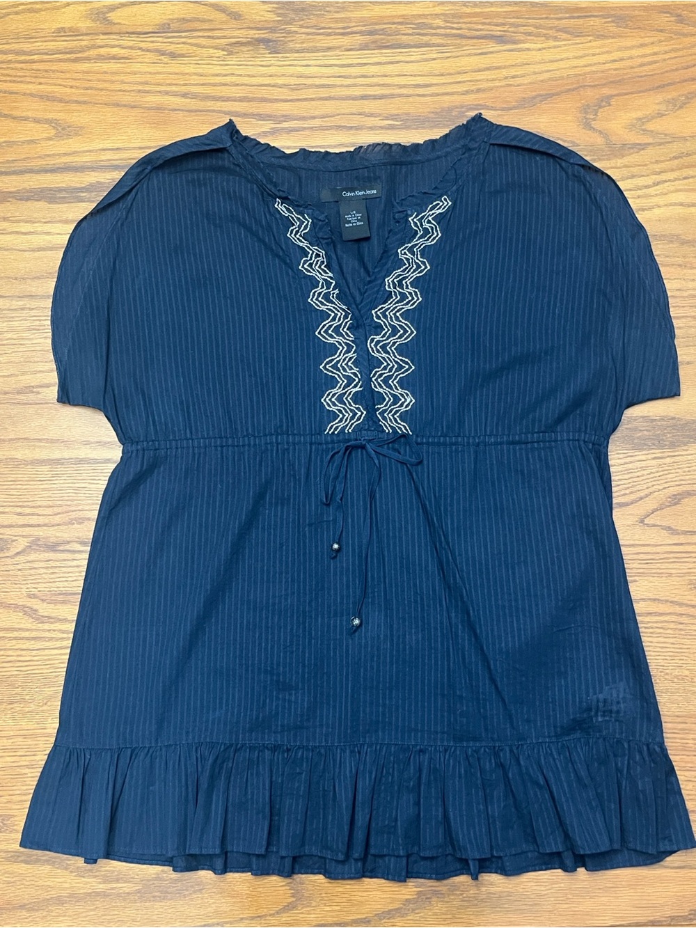 Calvin Klein Jeans Navy Embroidered Tie-Waist Peasant Top